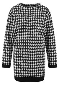 Schwarz-weißer Pullover mit Hahnentrittmuster, rundem Hals, langen Ärmeln und schwarzem Saum an den Bündchen und dem Saum.