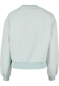 Heled rõngus helesinine dressipluus ribidega varrukate, äärte ja kaelaosa juures, väljastpoolt vaadates, pikka varrukatega.