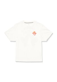 White cotton t-shirt with short sleeves, featuring an orange mushroom graphic with dots and a diamond base on the left chest area.