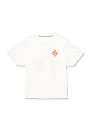 Weißes Baumwoll-T-Shirt mit kurzen Ärmeln, mit einem orangen Pilz-Design mit Punkten und einer diamantförmigen Basis auf der linken Brustseite.