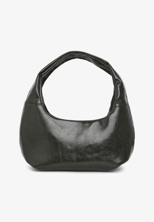 Black shiny leather shoulder bag with a wide, padded strap and a curved, slouchy shape.
