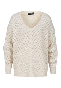 Helle elfenbeinfarbene Strickjacke mit V-Ausschnitt, oversized Silhouette und Lochmuster mit diagonalen Streifen und gerippten Bündchen.