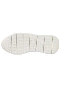 White rubber shoe sole with a textured surface, featuring raised circular patterns. Consists of several flex grooves for flexibility.