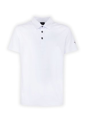 Polo bianca a maniche corte con tre bottoni neri e un piccolo simbolo a croce sulla manica sinistra.