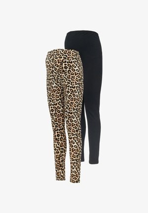 Leggingsite komplekt, mis koosneb ühest paarist leopardimustriga ning teisest täielikult musta värvi. Mõlemad on valmistatud venivast materjalist mugavuse tagamiseks.