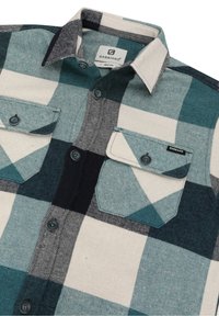 Flanellen overhemd in teal en crèmekleurige ruit, met twee borstzakken, knoopsluiting en een middelgrote kraag. Zachte textuur met afwisselende patronen.