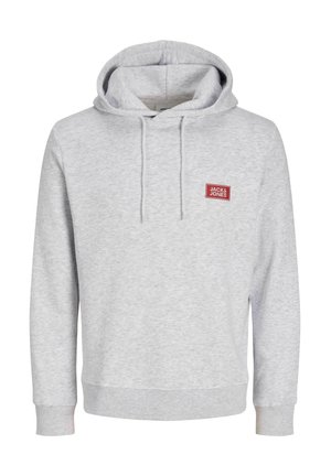 Sweat à capuche gris clair avec cordons et un petit patch logo rouge Jack & Jones sur la poitrine gauche.