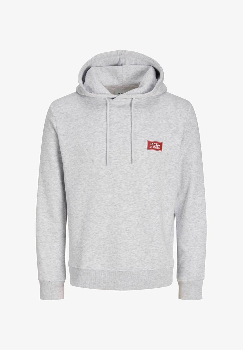 Sweat à capuche gris clair avec cordons et un petit patch logo rouge Jack & Jones sur la poitrine gauche.