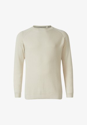 Beige ribbed sweater with long sleeves, round neck, and subtle texture. Features a classic fit and minimal design without patterns or accents.