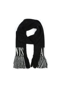 Écharpe noire en tricot avec des lettres blanches, dot�ée de franges aux extrémités. Texture douce, forme rectangulaire et couleurs contrastantes.