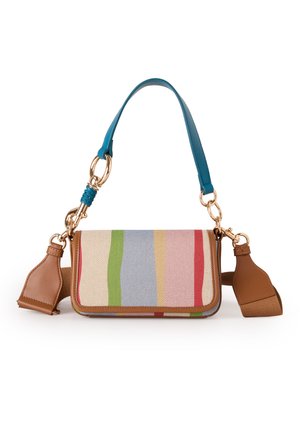 Obdélníková kabelka přes rameno s vertikálními zelenými, modrými, žlutými a červenými pruhy, hnědým koženým lemem, odnímatelnou modrou rukojetí a nastavitelným hnědým popruhem.