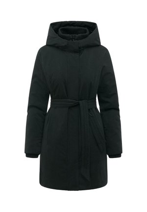 Manteau d'hiver noir matelassé avec capuche, fermeture éclair devant et ceinture en tissu nouée à la taille, présenté sur fond blanc.