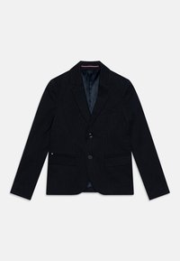 Niebieska marynarka w prążki wykonana z teksturowanej tkaniny, z klapami w kształcie litery V, z przodem zapinanym na guziki i dwiema kieszeniami z klapkami. Widoczna podszewka.