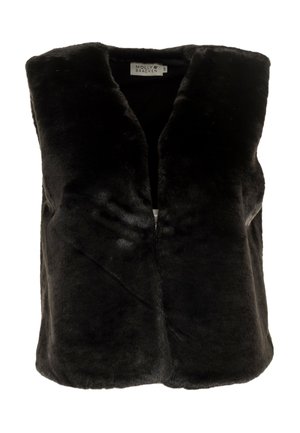 Chaleco sin mangas de pelo sintético negro con escote en V y etiqueta de la marca en el interior del collar.
