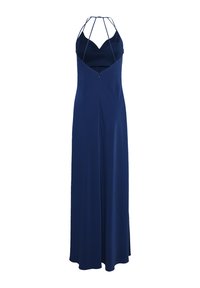 Robe maxi bleu marine avec un décolleté en V profond, de fines bretelles formant un dos croisé, et un corsage ajusté s'évasant en une jupe fluide.