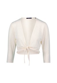 Helle cremefarbene, gekürzte Cardigan mit langen Ärmeln, tiefem V-Ausschnitt und Knotendetail an der Vorderseite. Hergestellt aus einem weichen, leichten Stoff.