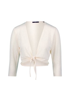 Light cream cropped cardigan with long sleeves, deep V-neck, and a knot detail at the front. Made from a soft, lightweight fabric.