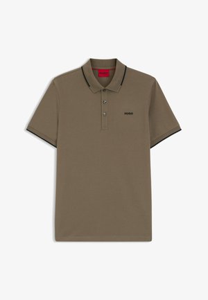 Brown polo shirt made of cotton with short sleeves, three-button placket, black accents on collar and sleeves, and logo on left chest.