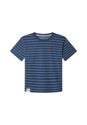 T-shirt blu navy a maniche corte con strisce orizzontali bianche, con scollo rotondo e piccolo logo sul petto. Materiale in cotone.