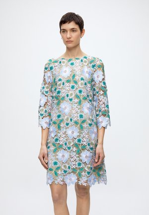 Γυναίκα με κοντά σκούρα μαλλιά που φοράει ένα διαφανές, μέχρι το γόνατο φόρεμα με μεγάλη μπλε και πράσινη κεντητική λουλουδιών και μανίκια τριών τετάρτων.