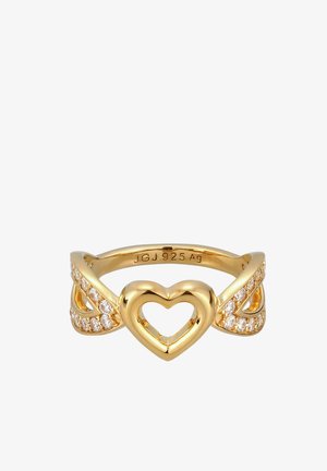 Goldener Ring mit offenem Herz in der Mitte und sich überlappenden Bändern, besetzt mit kleinen klaren Steinen, innen mit JGJ 925 Ag gestempelt.