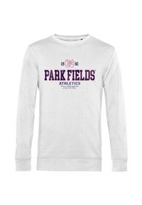 Sweatshirt blanc à manches longues avec un col rond, comportant "PARK FIELDS ATHLETICS" en texte bleu foncé et rouge, ainsi qu'un logo vintage.