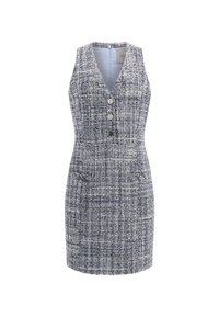 Šaty bez rukávů v modro-šedém vzoru tweed, s hlubokým výstřihem do V, předním zapínáním na tři knoflíky a dvěma předními kapsami se klopami.