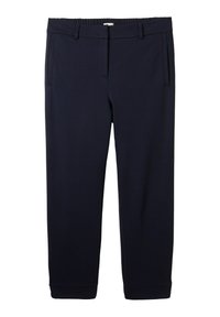 Pantalon bleu marine ajusté avec poches latérales, passants de ceinture et coupe droite slim.