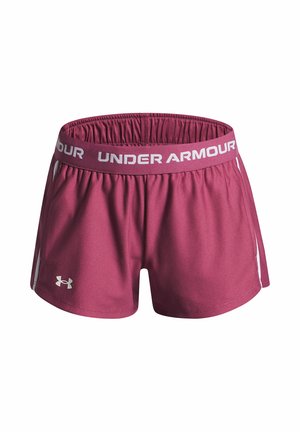 Bordeauxrode Under Armour sportshorts met elastische tailleband met merknaam, witte zijstrepen en logo op het linkerbeen.