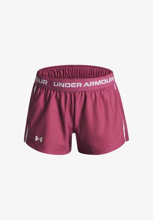 Mørkerøde Under Armour atletikshorts med elastisk taljebånd, der viser mærkenavnet, hvide sidelommer og logo på venstre ben.