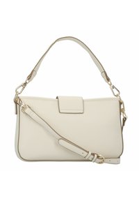 Handväska i krämfärgat texturerat läder med en strukturerad form, beige kant, överliggande lock med stängning och justerbar axelrem med guldfärgad metall.