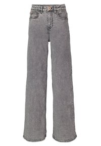 Jeans de denim gris de pierna ancha con una cintura alta, que cuentan con un cierre de botón, bolsillos frontales y discretos detalles de costura.