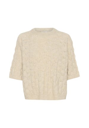 Kreemikas värvusega lühikeste varrukatega särk tekstuurse palmikune kudumiga, ümmargune kaelus ja vabalt langev lõige. Pehme, kudunud kangas.