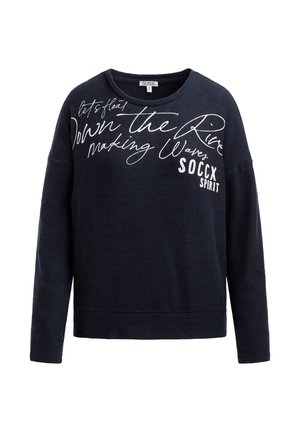 Navy blue sweatshirt with long sleeves, crew neckline, and white script text. Soft fabric with a relaxed fit and a hemline at the waist.