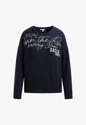 Navy blue sweatshirt with long sleeves, crew neckline, and white script text. Soft fabric with a relaxed fit and a hemline at the waist.