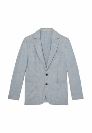 Sacou albastru deschis dintr-un material texturat, cu rever în formă de v și două buzunare frontale, având trei nasturi negri în față.