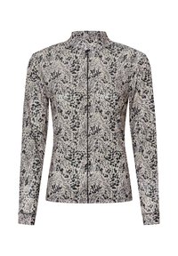 Langärmliges Zip-Up-Oberteil mit hohem Kragen, das ein abstraktes schwarzes und graues Tiermotiv auf leicht beigem Stoff zeigt.