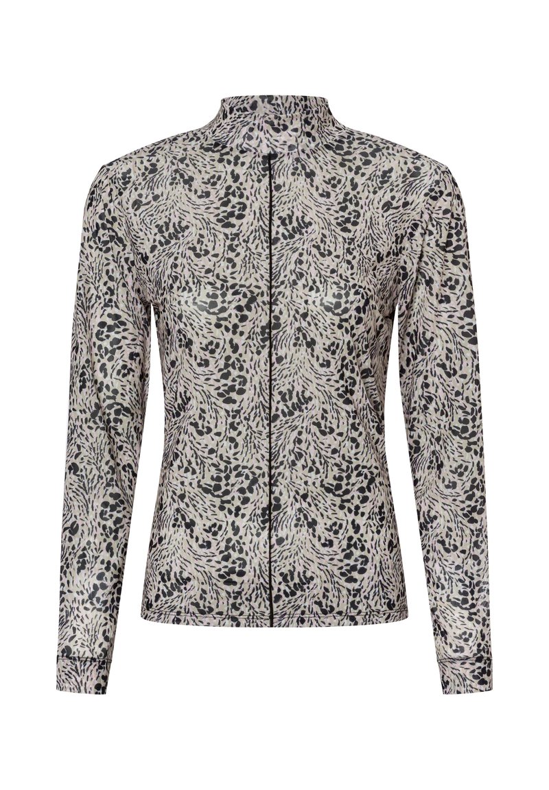 Langärmliges Zip-Up-Oberteil mit hohem Kragen, das ein abstraktes schwarzes und graues Tiermotiv auf leicht beigem Stoff zeigt.