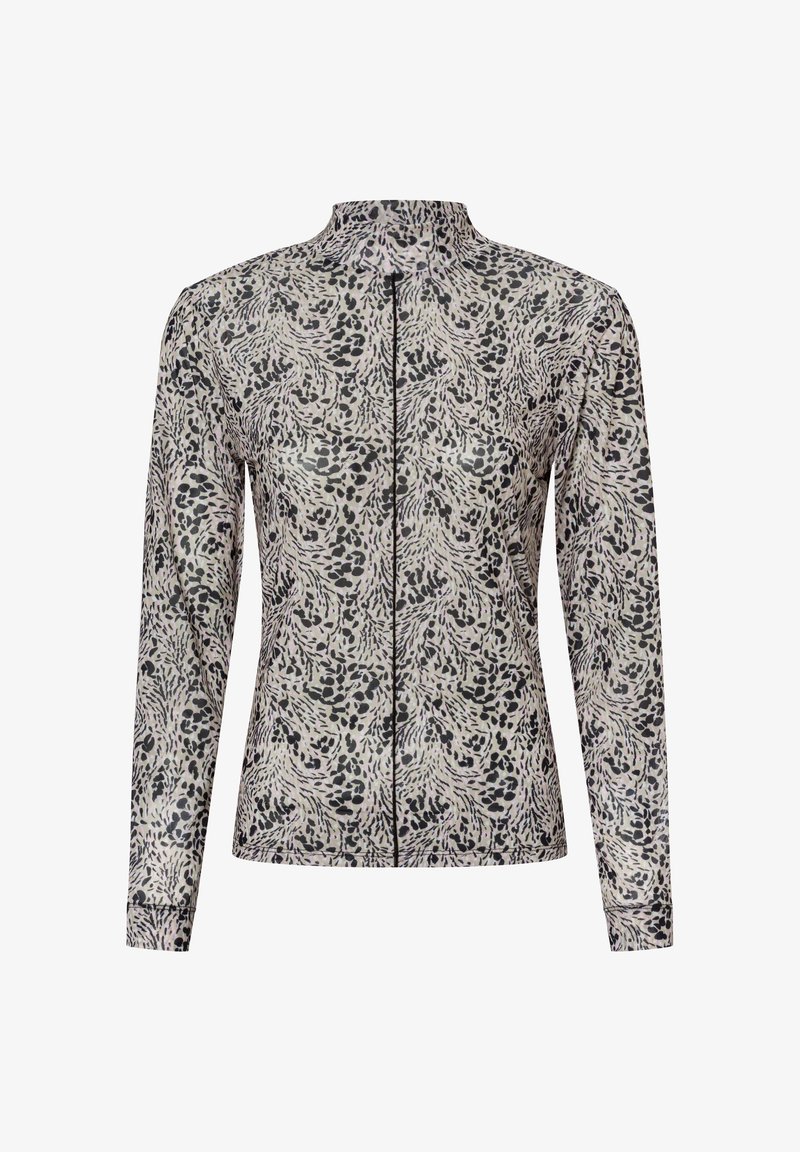 Langärmliges Zip-Up-Oberteil mit hohem Kragen, das ein abstraktes schwarzes und graues Tiermotiv auf leicht beigem Stoff zeigt.