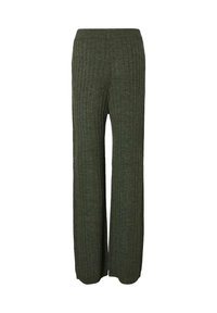 Green ribbed knit wide-leg pants with an elastic waistband. The fabric has a soft texture and vertical stripe pattern throughout.