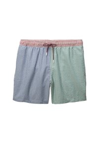 Shorts de bain pour hommes avec un waistband rayé rouge, présentant des motifs vichy bleus et verts. Confectionnés en tissu léger et respirant.