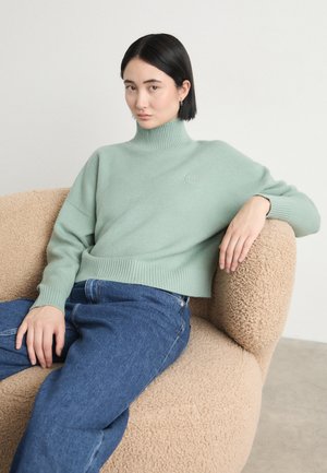 Light green knit turtleneck sweater with ribbed cuffs and hem; worn with blue jeans. The fabric appears soft and slightly textured.