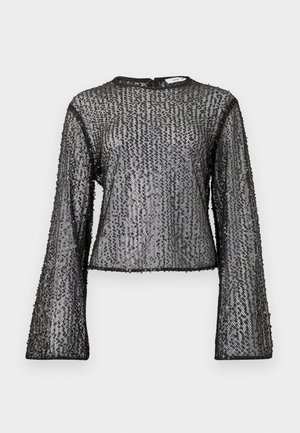 Czarny, długi rękaw top z przezroczystym wzorem, zdobiony teksturowanymi cekinami i okrągłym dekoltem. Krawędzie wykończone czarną lamówką.