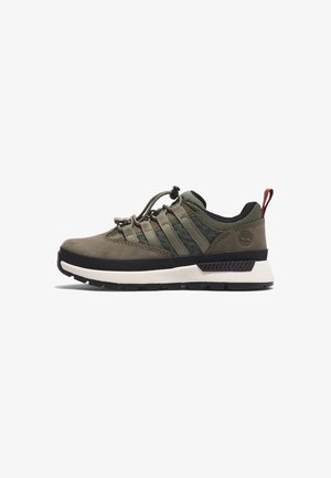 Green hiking shoes with a suede and mesh upper, rubber outsole, elastic laces, and a red heel tab, featuring a sturdy, textured design.