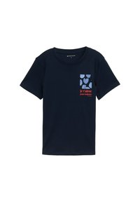T-shirt en coton bleu marine à manches courtes, avec un imprimé graphique de cœurs et le texte "je t'aime pour toujours" en rouge.