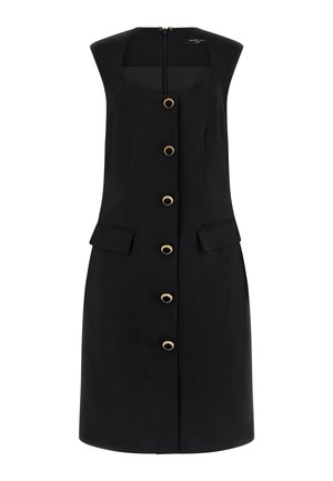 Vestido negro sin mangas con escote cuadrado, botones negros con borde dorado en la parte delantera, bolsillos con solapa y cierre con cremallera en la espalda.