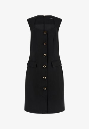 Vestido negro sin mangas con escote cuadrado, botones negros con borde dorado en la parte delantera, bolsillos con solapa y cierre con cremallera en la espalda.