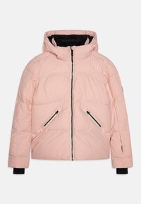 Rosa Daunenjacke mit Kapuze, ausgestattet mit zwei Reißverschlusstaschen, kontrastierendem schwarzen Innenfutter und elastischen Bündchen.
