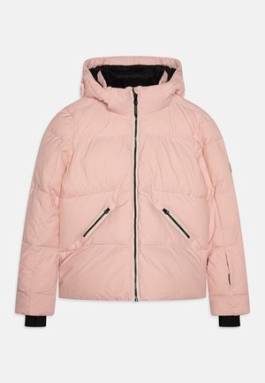 Giubbotto imbottito rosa con cappuccio, dotato di due tasche con zip, interno nero a contrasto e polsini elasticizzati.