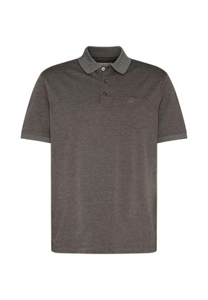 Dark gray short-sleeve polo shirt with three-button placket, contrasting collar and cuffs, and a chest pocket with subtle logo embroidery.